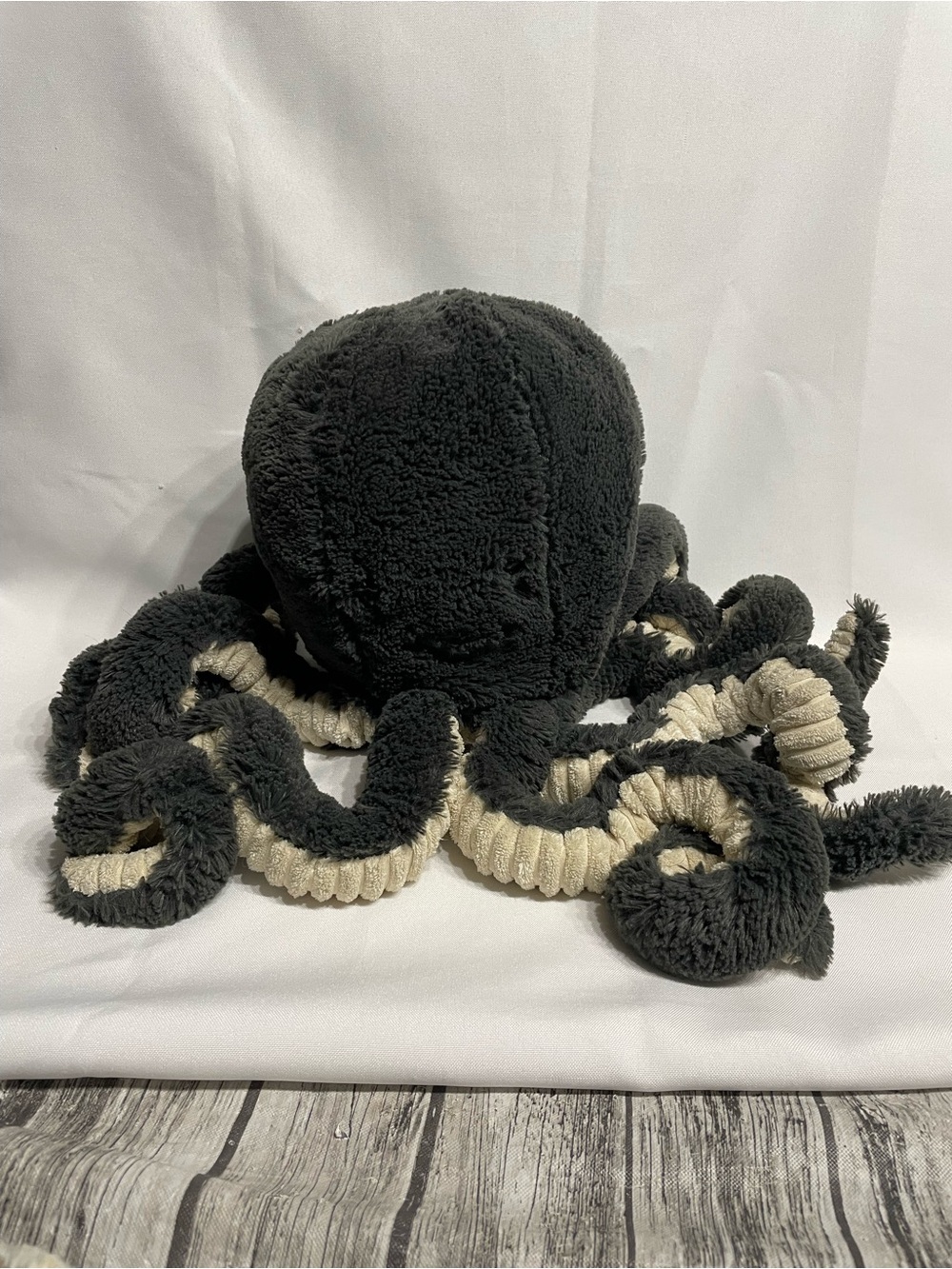 Jellycat Inky Octopus stuffed animal dark grey plush texture & cream-colored